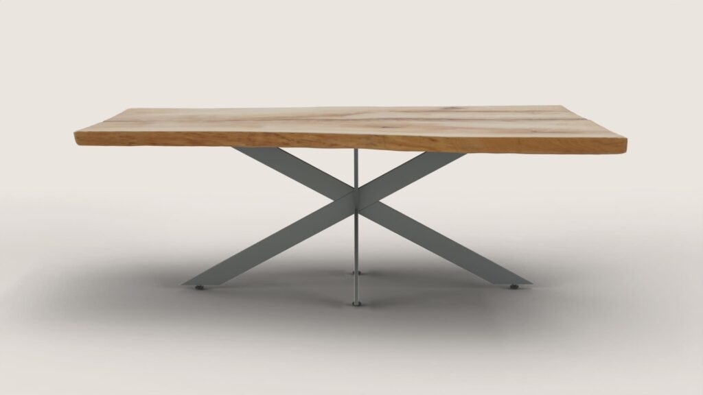 Modern wooden dining table Sorrel with live edge top and metal X-shaped base
